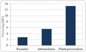 Figura 6.7. Precio promedio (USD) por kg de carne de Strombus gigas alcanzado en las tres etapas principales en la cadena de explotación en Nicaragua. (Fuente: Barzev, 2009.)